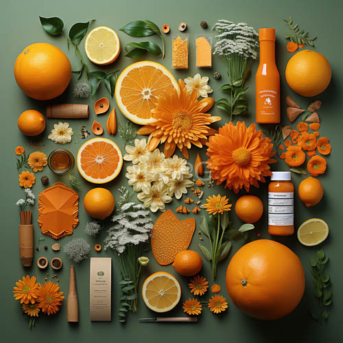 citrus fruits and marigold petals against verdant green backdrop