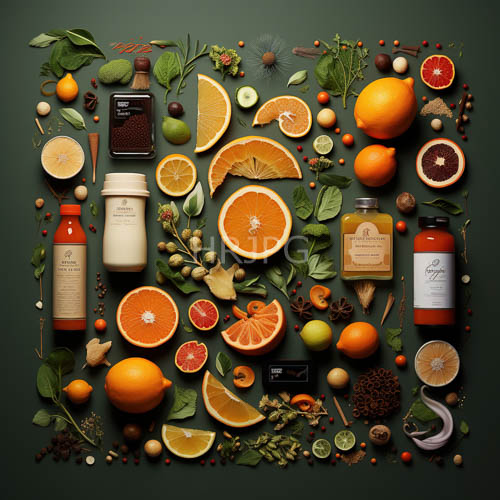 citrus hues pop against deep forestgreen backdrop with textured rinds and glass vessels