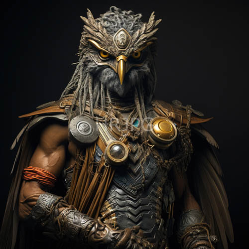 High Resolution: Avian Warrior Adorned with SaffronHued Beak and Gilded Metallic Armor download. | HRJPG.com