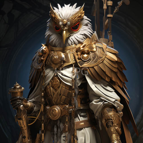 avian warrior encased in golden armor amidst snowy white plumage