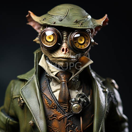 oversized yellow eyes command attention in steampunk goggles setting
