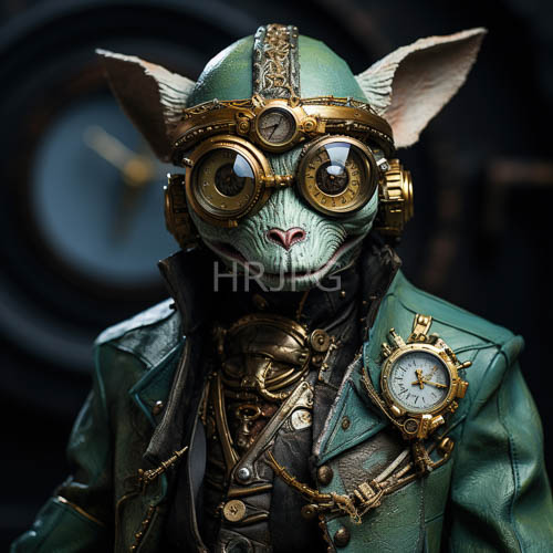 emeraldfurred feline meets vintageinspired steampunk attire in industrial landscape