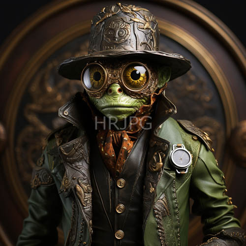 High Resolution: Frog Anthropomorphic Figure Interacting with Intricate Metallic Landscape and Ambient Lighting download. | HRJPG.com