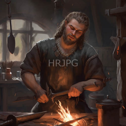 heavy blacksmith works intensively in dark cavernous workshop amidst chestnut hues and ember glow