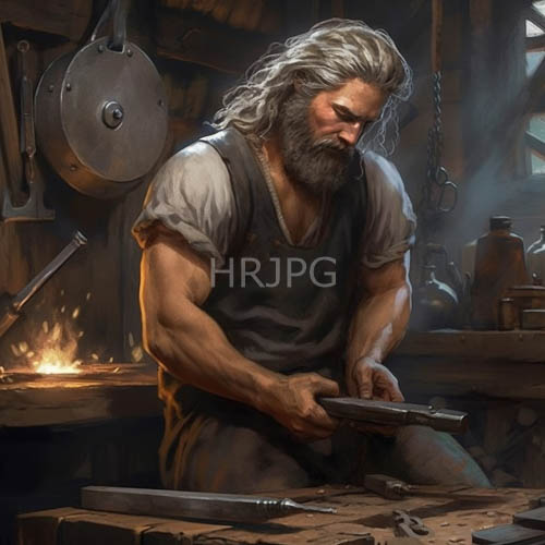 grizzled artisan amidst rustic timber workshops fading gloom and dusty aroma