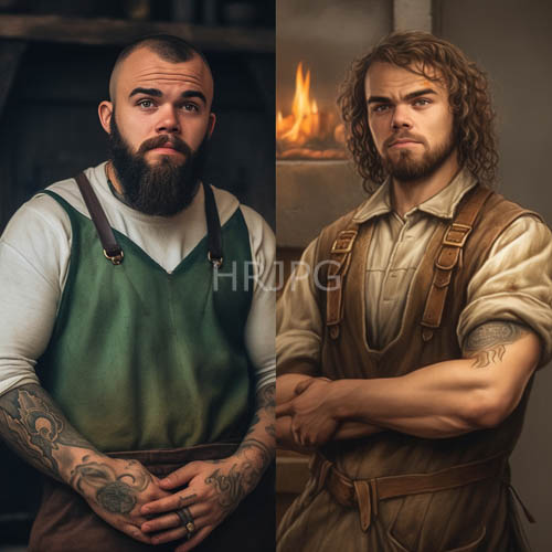 tone downed forest fades to forestgreen backgrounds framing two rugged artisan figures