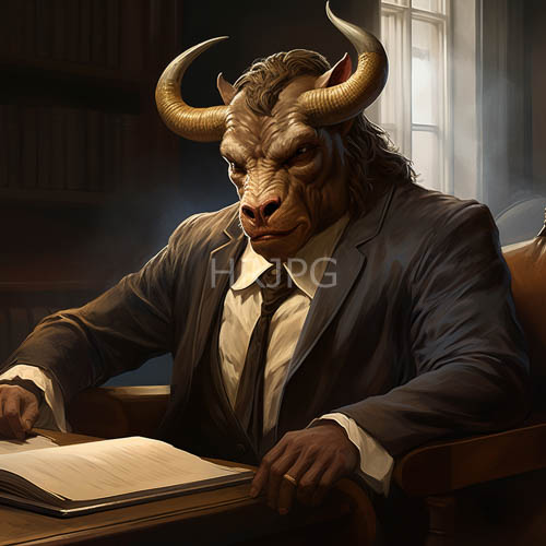 personified bull absorbs ethereal glow in scholarly study with tattered leather tome