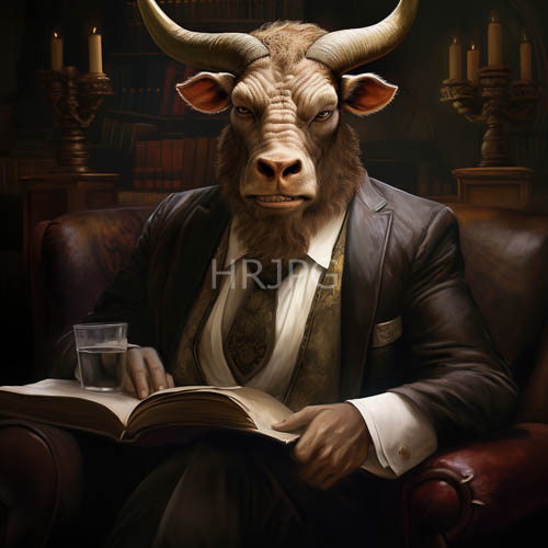 High Resolution: Human-Faced Bull with Tailored Charcoal Suit Jacket in Private Study Setting download. | HRJPG.com