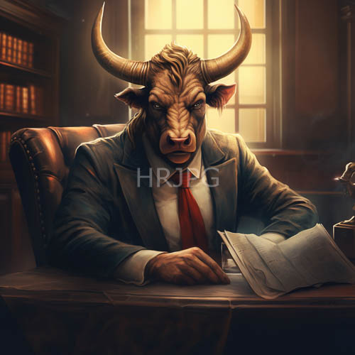 formidable bovine figure confronts corporate professionalism in shadowy workspace