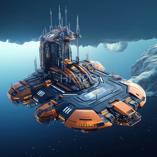 orbital installation emerges within cobalt void with jagged geometric forms in obsidian and rusted amber