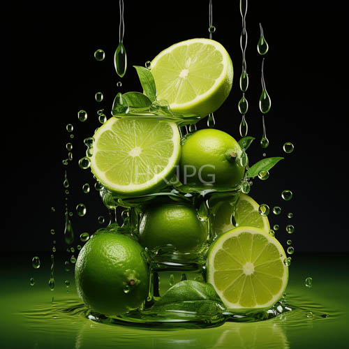 lemon and lime segments drift through clear water against jetblack backdrops