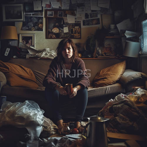 contemplative young woman finds comfort in quiet surroundings amidst charcoal sweater and pinned photographs