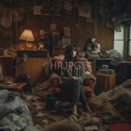 chestnut waves frame contemplative face amidst weathered velvet crimson armchair domestic chaos