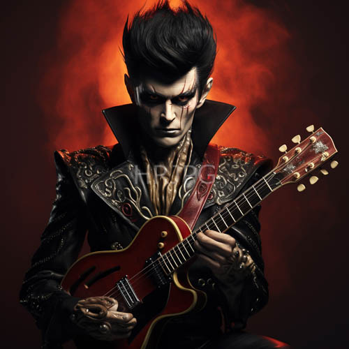 obsidian hued guitarist commands stage with raw visceral energy in fiery orange backdrop setting