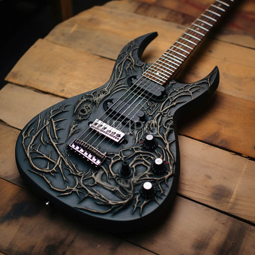 electric guitar crafted with obsidian tones and elaborate vinelike carvings on rustic wooden stage