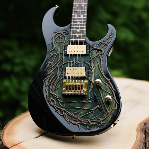 electric guitar with midnighthued lacquer and goldleaf vine patterns on wooden stump