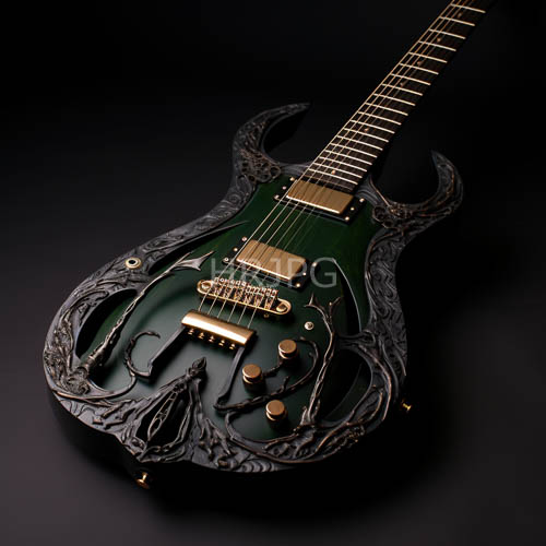 vivid emerald tones define intricate forest vines on electric guitar frame