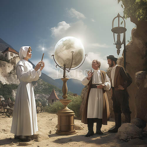 medieval village square illuminated by cascading sunlight and ornate pedestal