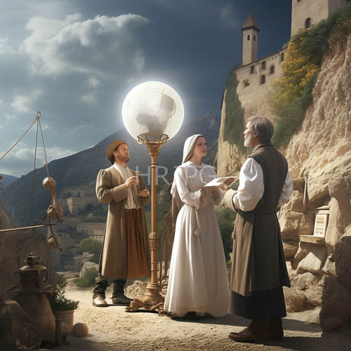 medieval figures convene amidst jagged peaks and ancient castle ruin shadows