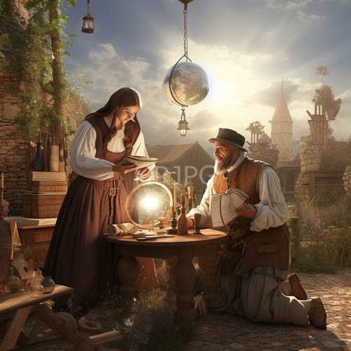 medieval figures illuminated by silverstreaked bearded mans rapt attention amidst rustic surroundings