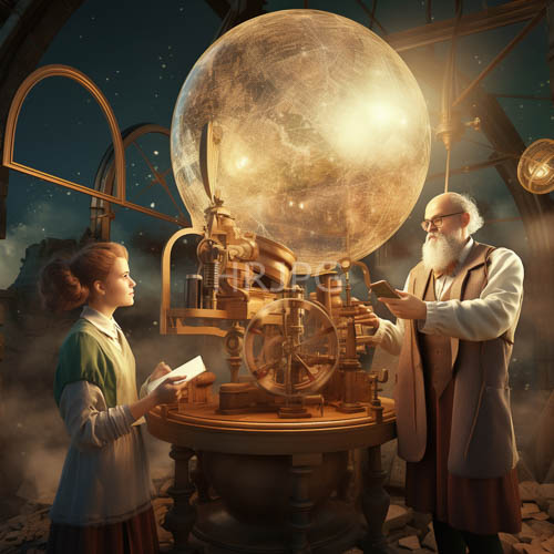 elderly scholar studies celestial model on weathered wooden stand under amber glow
