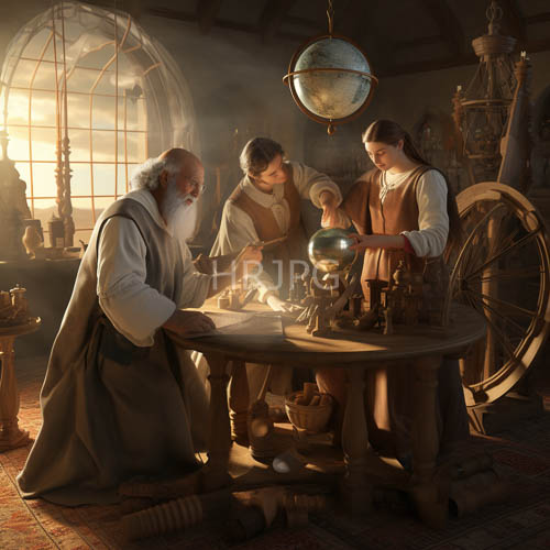 rustic workshop illuminated by amberhued light amidst focused alchemical experimentation