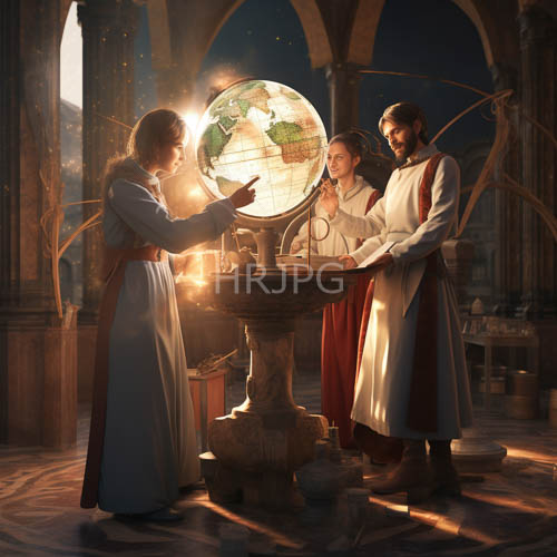 gothic arches cast geometric shadows across sacred chambers with illuminated globes