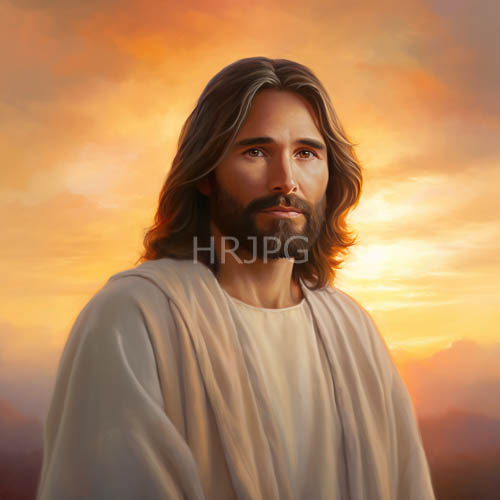 jesus christ amidst fading embers of orange sunset halo effect wavy brown hair