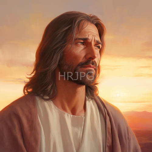 jesus christ silhouetted by ambertinted light across fading horizon landscape
