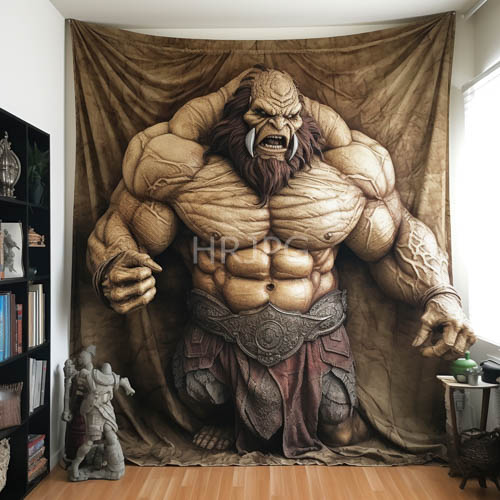 imposing orc commands space with realistic tapestry backdrop in living room