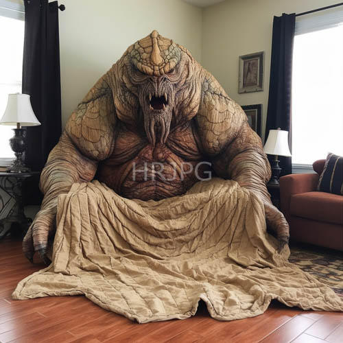 massive leatherlike creature overwhelms earthy brown hues in domestic setting with ambient light