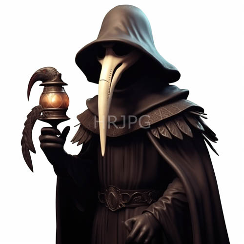 medieval plague doctor emerge from shadowy obscurity amidst weathered leather and feathers