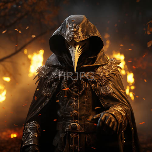 High Resolution: Armored Figure Emerges from Encroaching Gloom with Flickering Orange Hues and AvianInspired Cowl download. | HRJPG.com