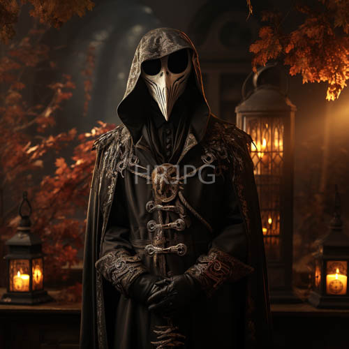 mysterious figure adorns medievalinspired attire in fading autumnal landscape