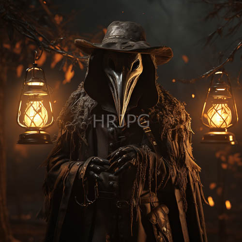 High Resolution: Formidable Plague Doctor Silhouette in Amber Radiance of Dual Lanterns download. | HRJPG.com
