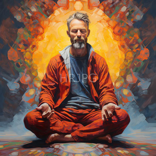 elderly figure in contemplative lotus position amidst vibrant orange and yellow hues