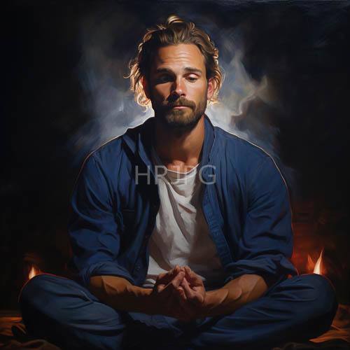 rugged beard framing a face amidst a faint lights glimmer in a grounded posture
