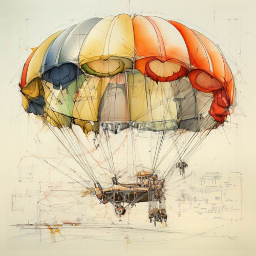 vessel fabric canopy defines expansive yellow orange red blue green hues colored pencil ink