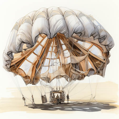 aeronautical canvas canopy forms ancient parachute silhouette against earthy desert skyline