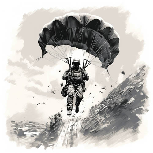 paratrooper descends amidst turbulent sky amidst sprawling organic canopy