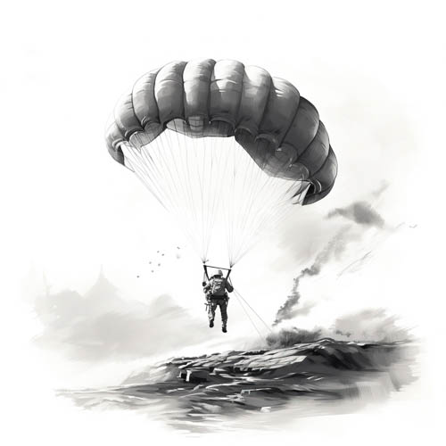 rugged tactical reality meets paratrooper descent in fractured monochrome landscape