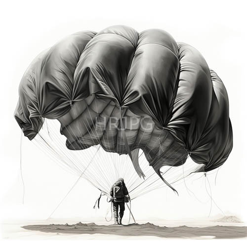 desert trekker anchors composition against parched terrain amidst shifting dunes under massive parachute canopy