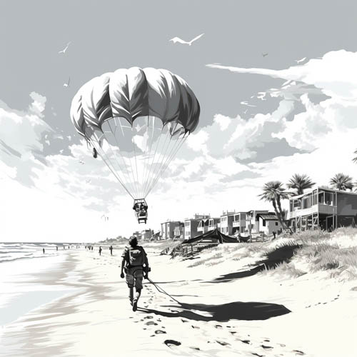 monochromatic coastal vista with paraglider in gray expanse over weathered dunes and palm trees