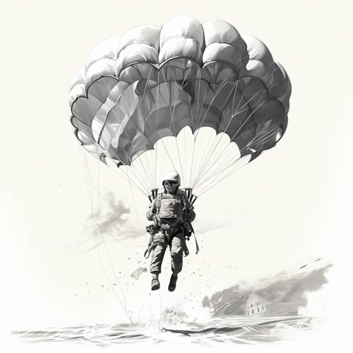 High Resolution: Paratrooper Middescent Amidst Turbulent Water and Distant Smoke download. | HRJPG.com