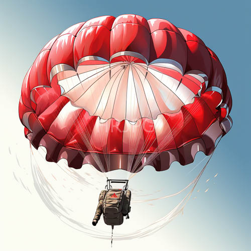 airborne operator drifts downward amidst cerulean expanse and striped parachute