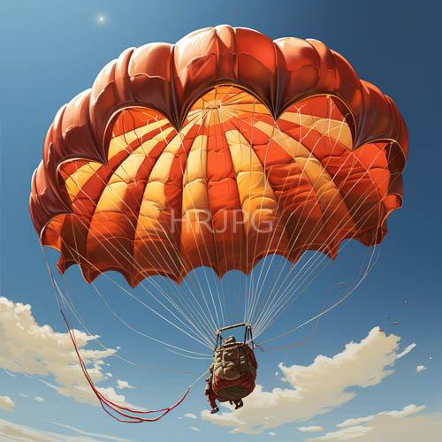 tangerine and tawny streaks define segmented canopy of aerial vessel over expansive cerulean horizon