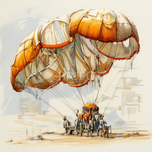 segments of orange and white parachutes over sandy terrain in gray