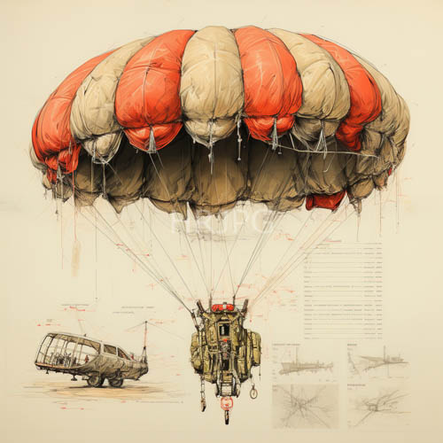 emeraldtoned parachutist drifts through industrial landscape with mechanical precision and tactical complexity