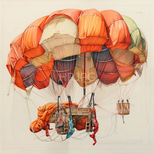 middescent figures in burnt orange and beige parachutes amidst folded fabric