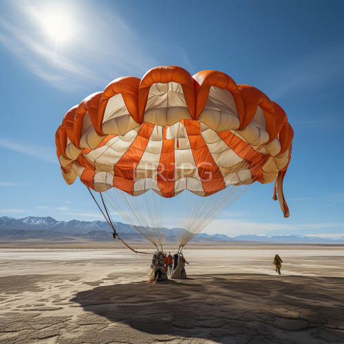 High Resolution: Desert Parachute Deployment Over Cracked Terrain Against Cobalt Skyline download. | HRJPG.com